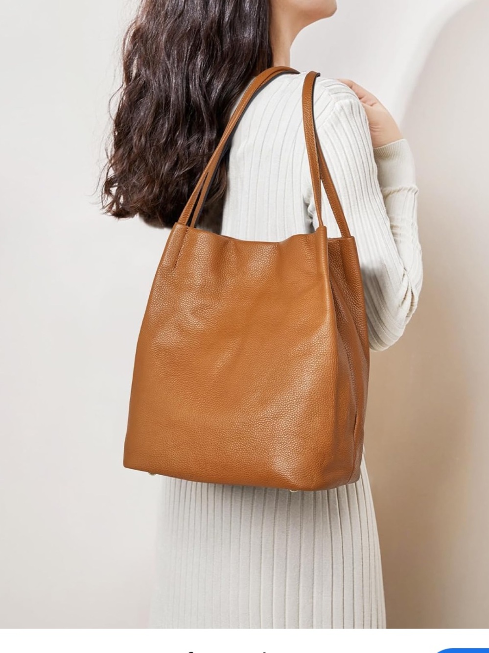 KATTEE Genuine Pebbled Leather Bucket Bag Tote Brown Classic Timeless Fall